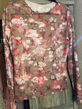 Floral Long Sleeve Mesh Top - Brown Floral